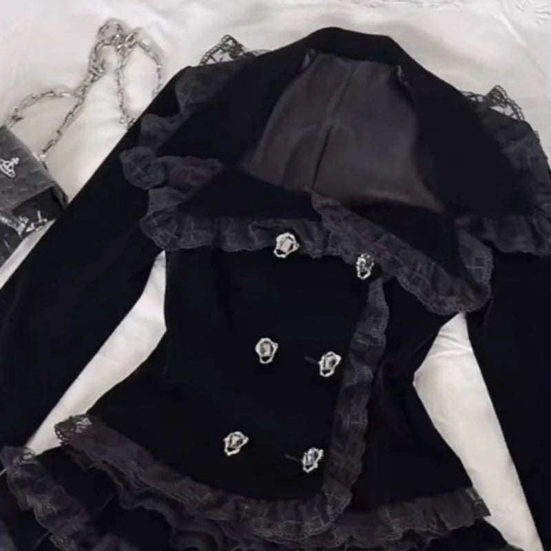 Visual Kei Black Velvet Ruffle Lace Cross Jacket & Mini Skirt Set Only tops Shoptery