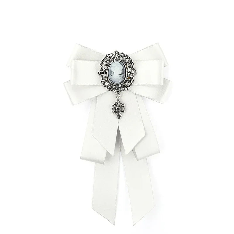 Visual Kei Black Satin Cameo Bow Brooch Lapel Pin White Shoptery