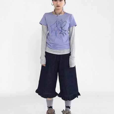 Y2k Indigo Ruffle Hem Shorts Shoptery