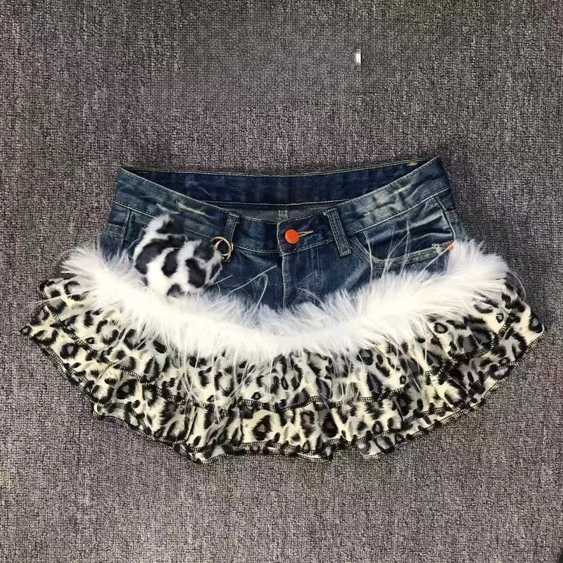 Gyaru Leopard Faux Fur Ruffle Denim Mini Skirt with Pom Charm Secondary image