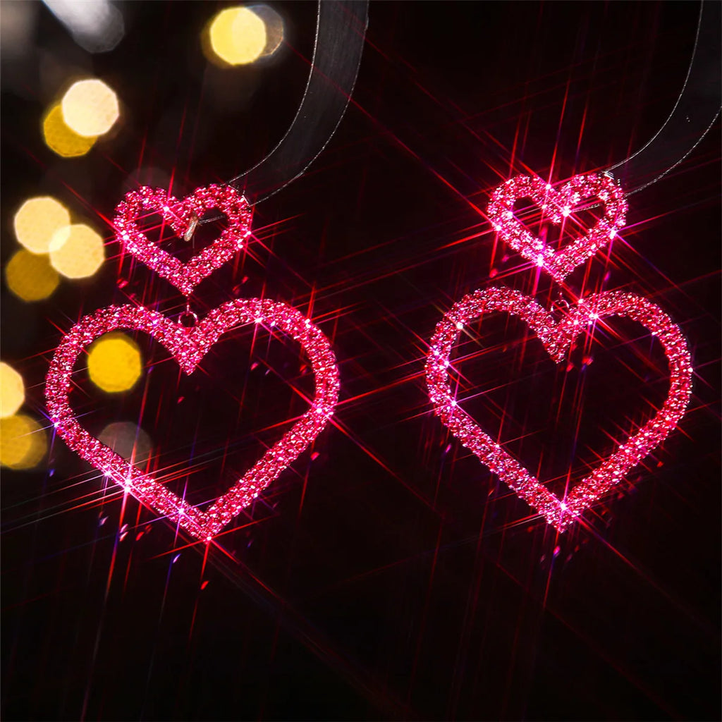 Jirai Kei Double Heart Glitter Drop Earrings in Hot Pink LDE07-2 Shoptery