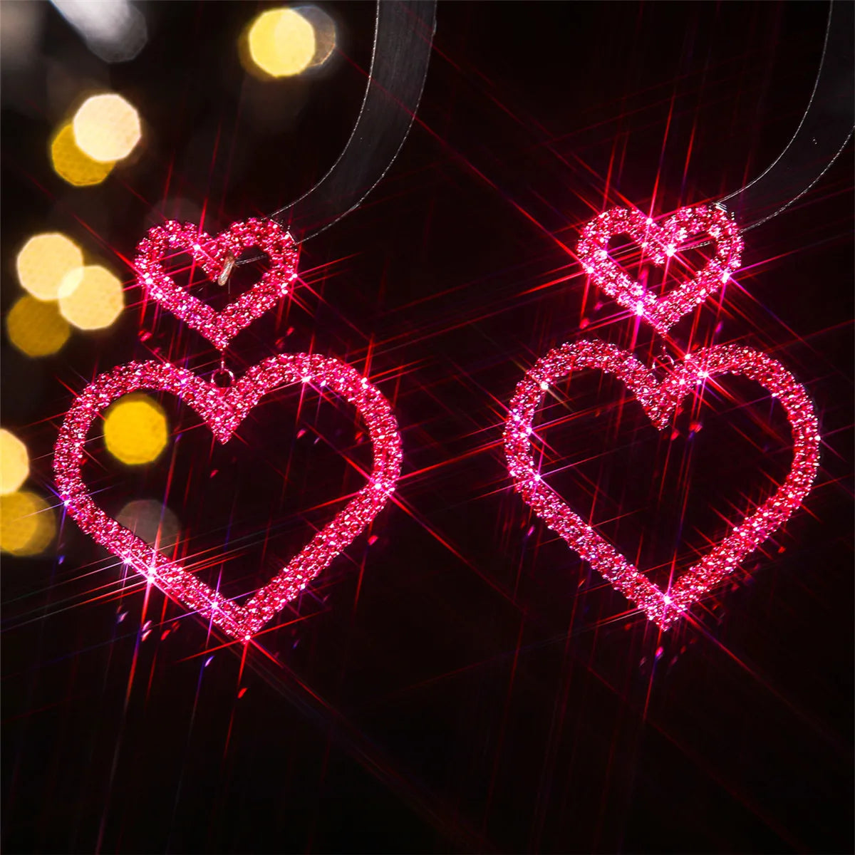 Jirai Kei Double Heart Glitter Drop Earrings in Hot Pink LDE07-2 Shoptery