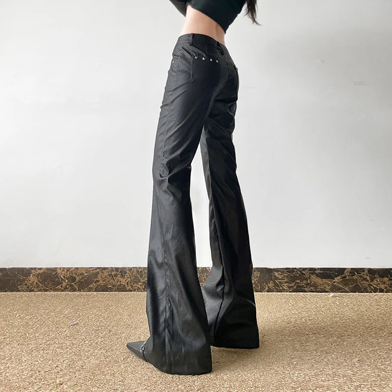 Visual Kei Studded Faux Leather Low-Rise Flare Trousers Shoptery