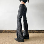 Visual Kei Studded Faux Leather Low-Rise Flare Trousers Shoptery