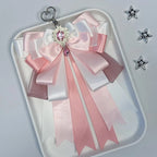 Fairy Kei Layered Satin Bow Charm Pendant with Crystal Jewel Pink Shoptery