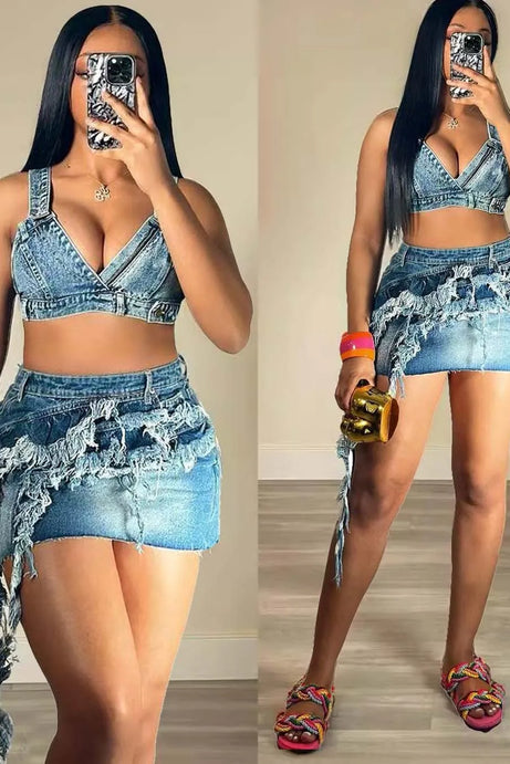 New Denim Crop Tops & Mini Skirt Sets