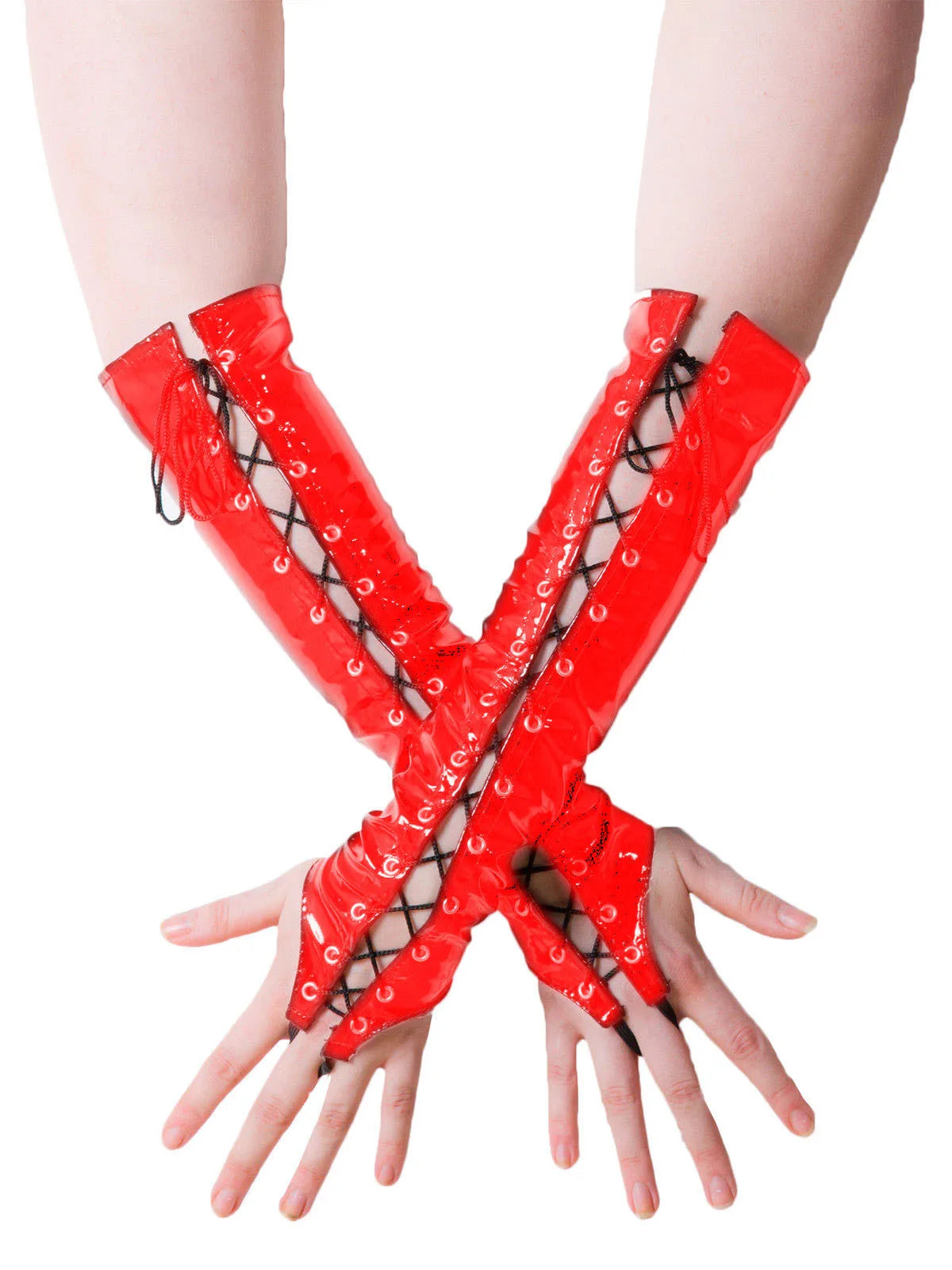Visual Kei Black PVC Lace-Up Fingerless Arm Warmers with Eyelets Red One Size Shoptery