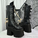 Visual Kei Black Platform Lace-Up Boots with Bat Buckle Straps black Shoptery