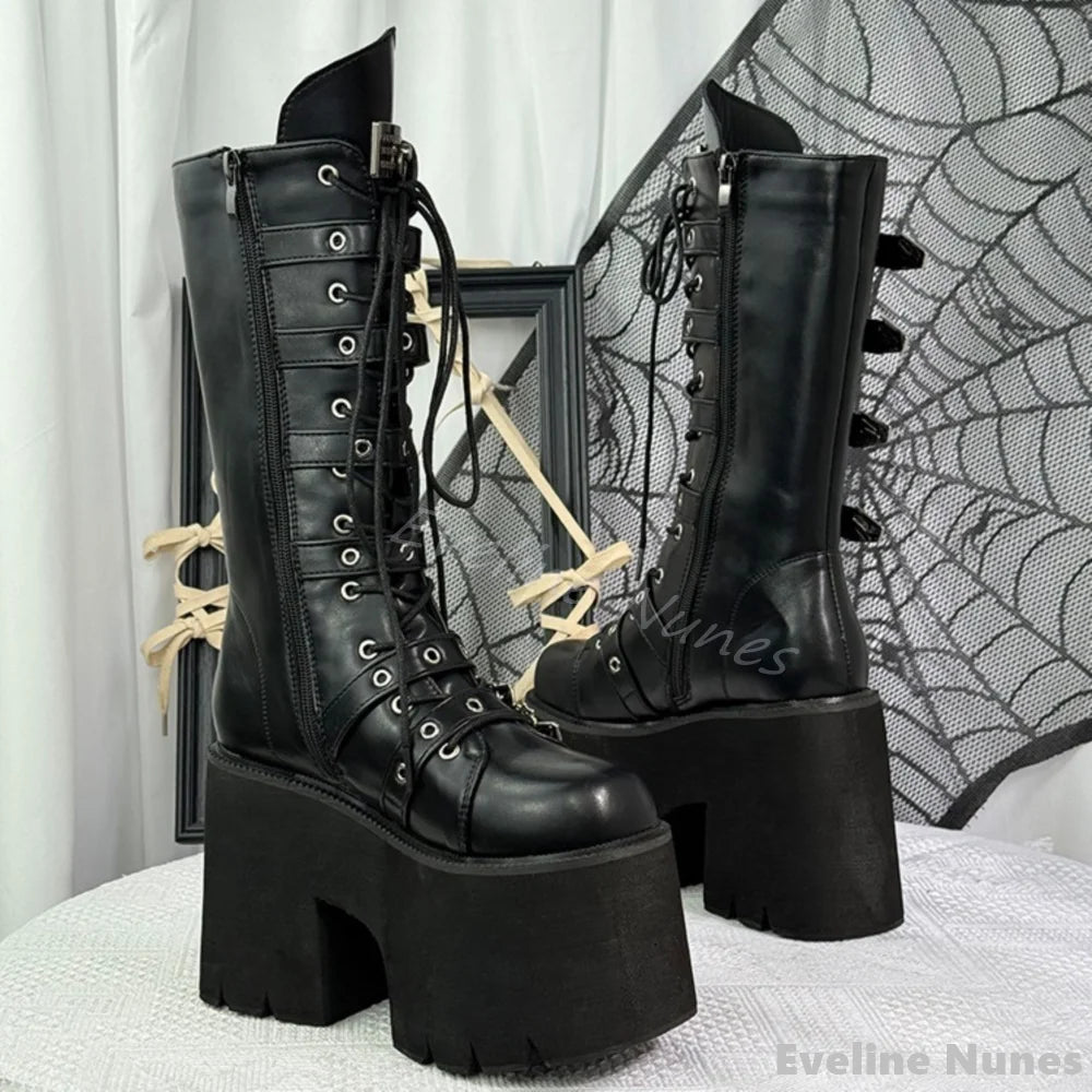 Visual Kei Black Platform Lace-Up Boots with Bat Buckle Straps black Shoptery