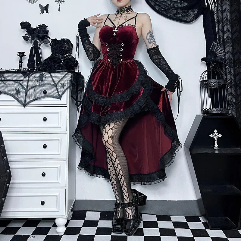 Visual Kei Velvet Lace-Up Corset Hi-Low Dress with Arm Warmers Shoptery
