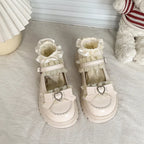 Jirai Kei Lace Frill Bow Heart-Buckle Platform Mary Jane Shoes beige Shoptery