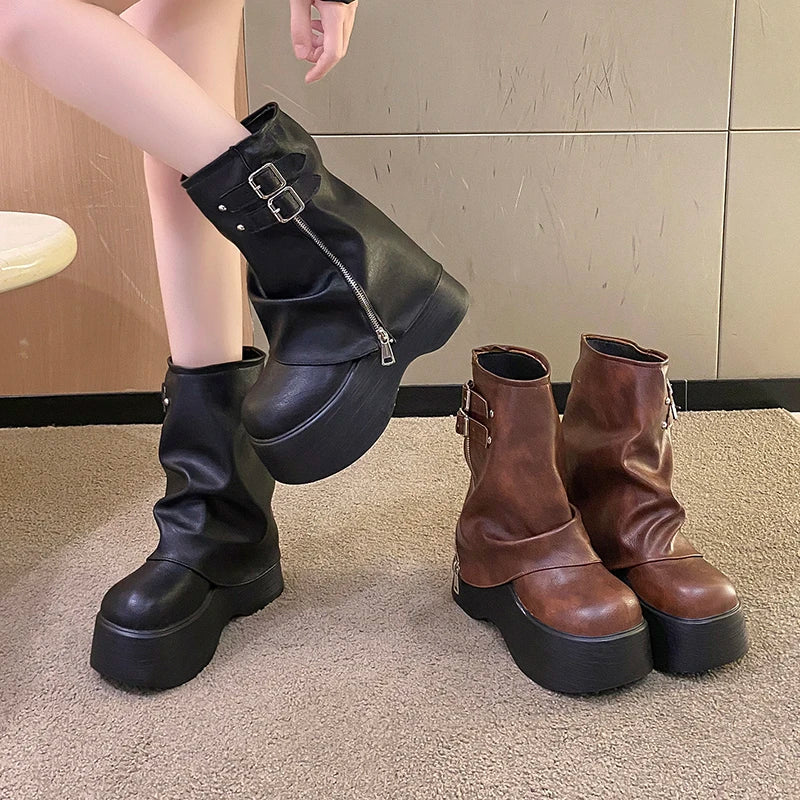 Visual Kei Black Platform Zip Buckle Ankle Boots Shoptery