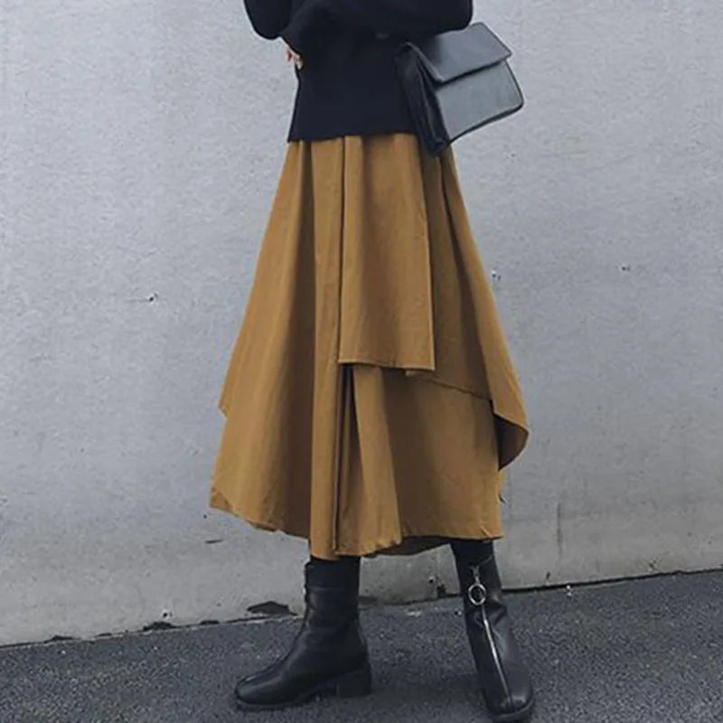 Mori Kei Asymmetric Layered Draped Midi Skirt in Black Brown China Mainland Shoptery