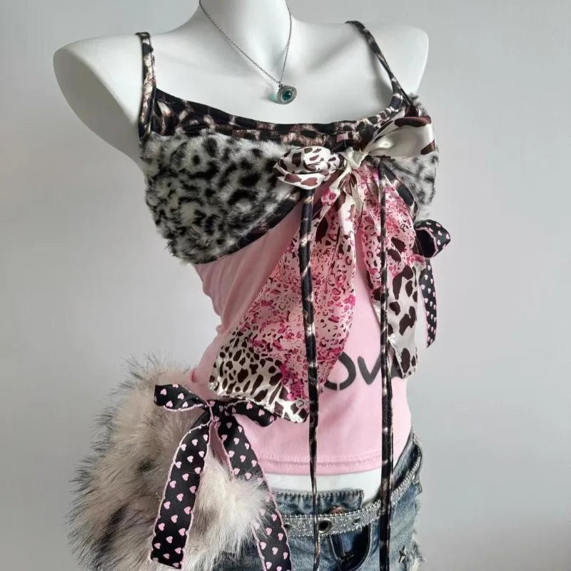 Gyaru Leopard Print Bow Ribbon Layered Cami Top Shoptery