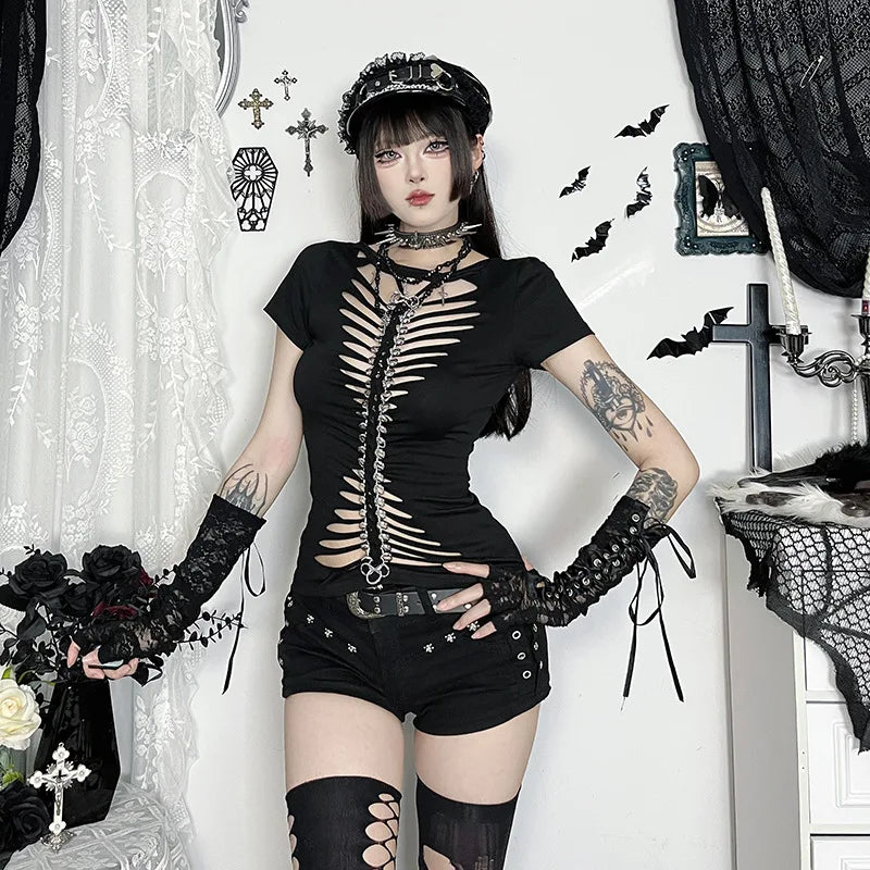 Visual Kei Slashed Fishbone Ring & Safety Pin Cutout Black Tee Shoptery