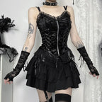 Visual Kei Black Velvet Corset Lace-Up Cross Tiered Mini Skirt Shoptery