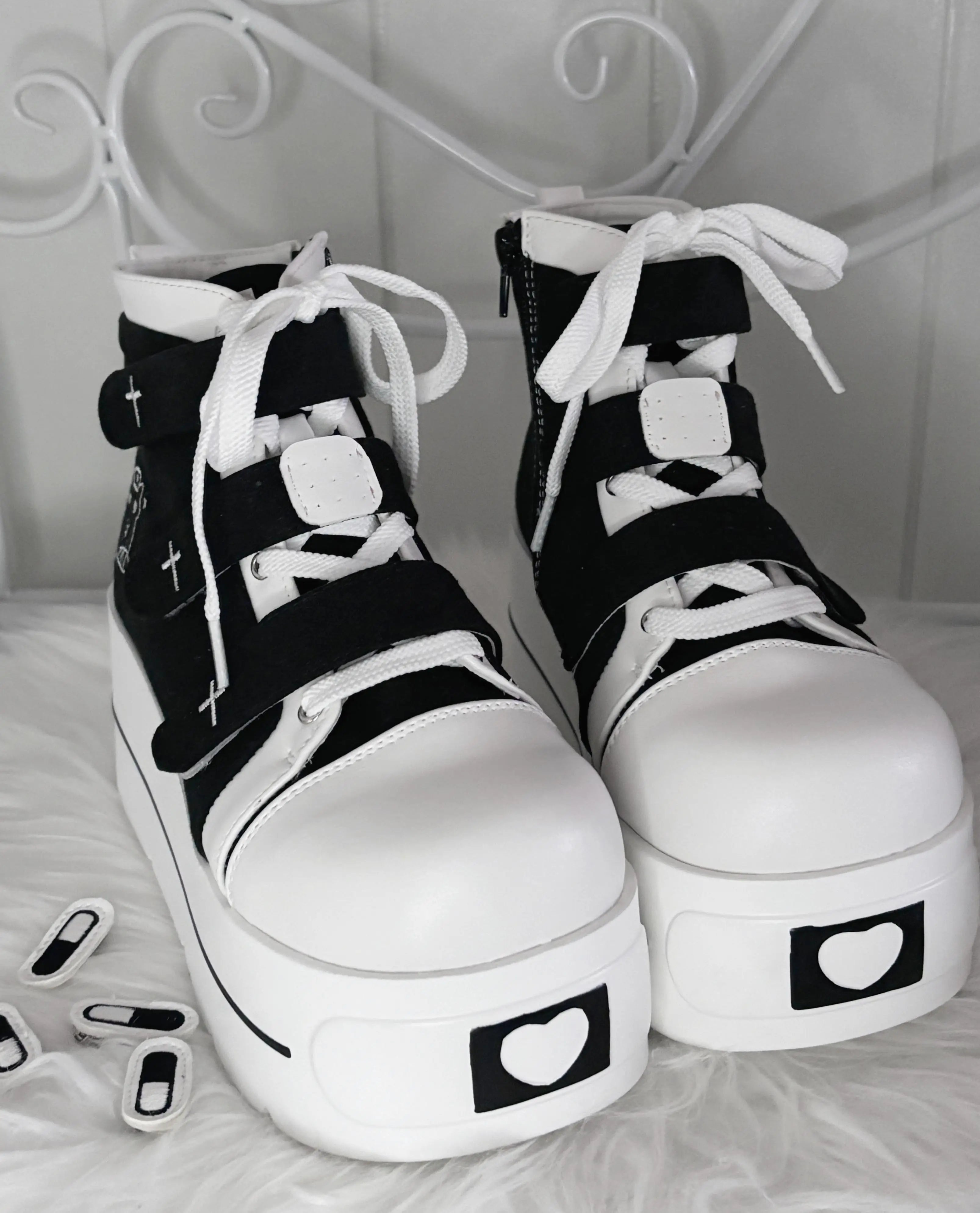 Fairy Kei Pastel Blue Platform Lace-Up High-Top Sneaker Boots black Shoptery