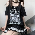 Jirai Kei Angelic Salvation Cold-Shoulder Lace-Up Mini Dress Set black Shoptery