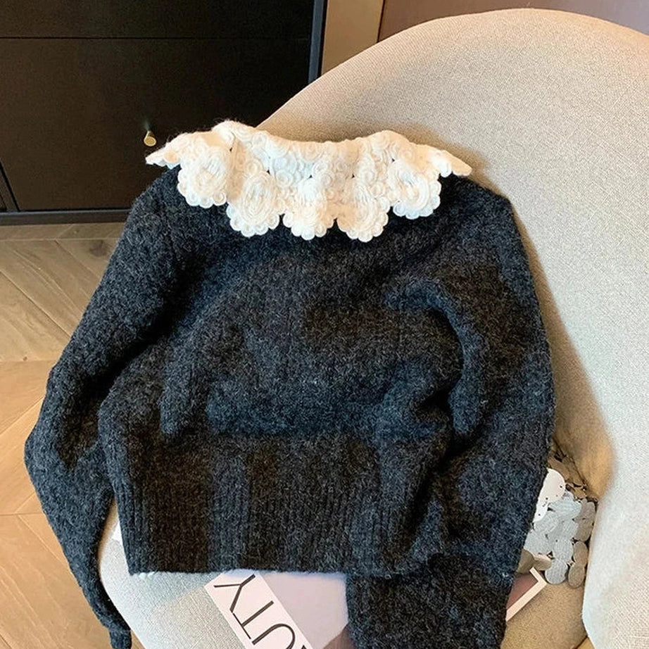 Retro Lace Collar Button-Up Cardigan Shoptery