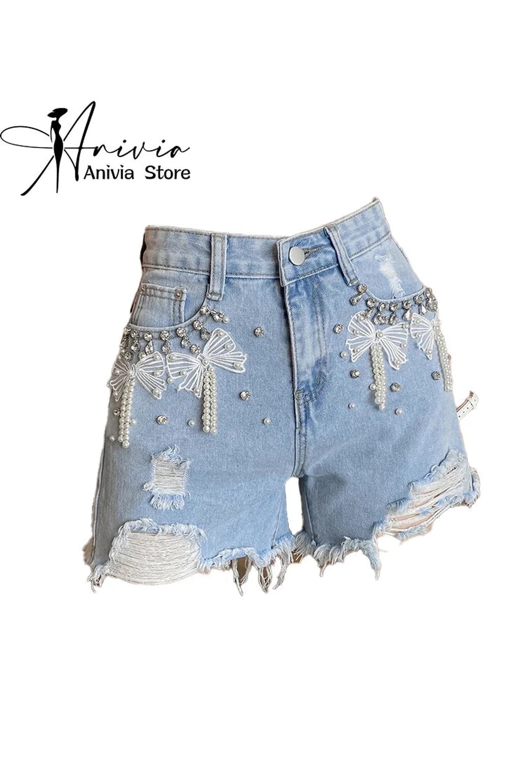 Y2k Pearl Bow Embellished Denim Shorts Shoptery