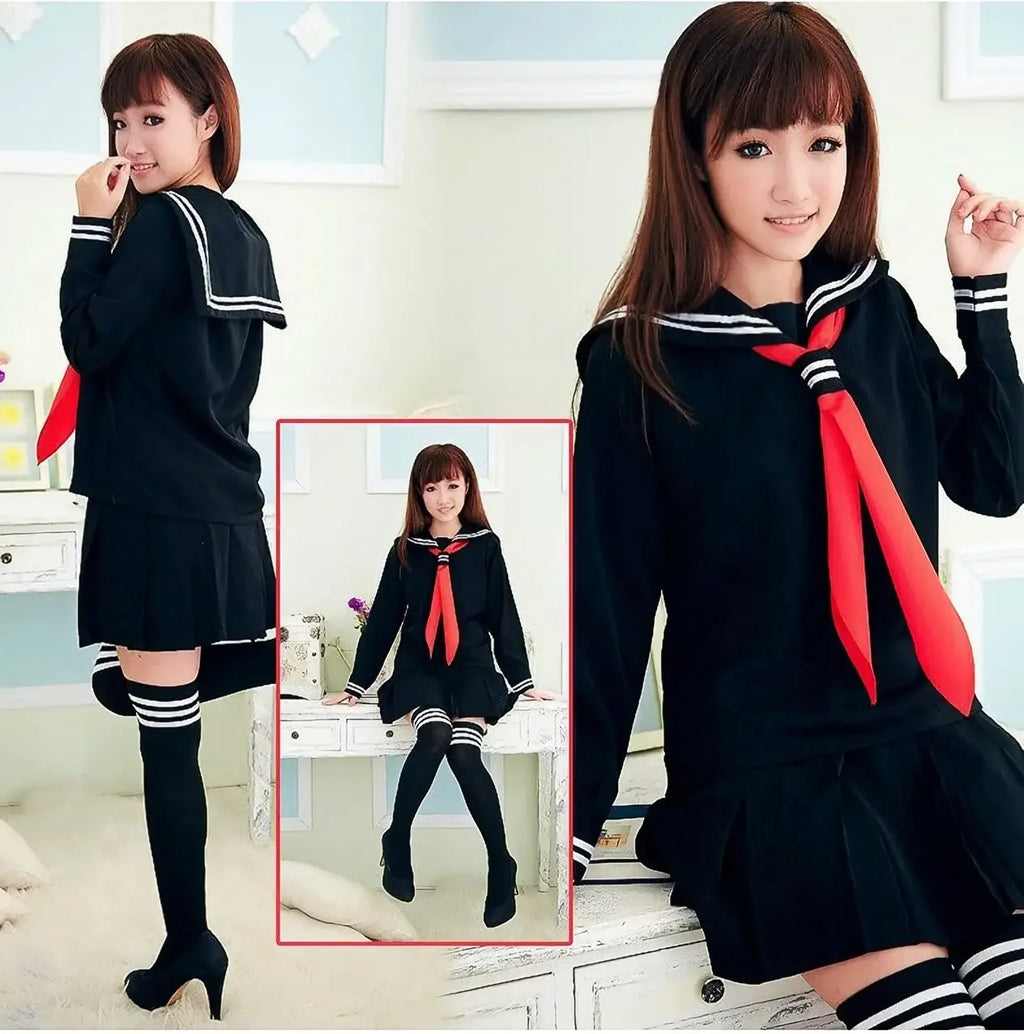 Jirai Kei Dark Sailor Uniform Pleated Dress & Striped OTK Socks Set Shoptery