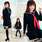 Jirai Kei Dark Sailor Uniform Pleated Dress & Striped OTK Socks Set Shoptery