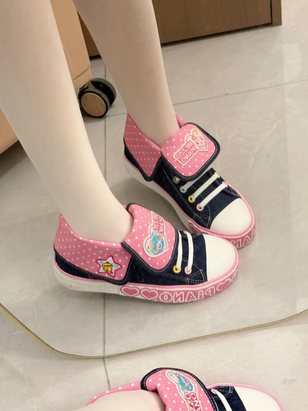 Decora Denim & Pink Polka Dot Kawaii High-Top Sneakers Shoptery