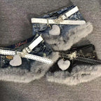 Gyaru Acid Wash Denim Micro Shorts with Faux Fur Trim & Heart Charm Shoptery