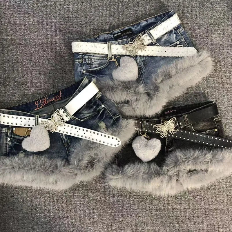 Gyaru Acid Wash Denim Micro Shorts with Faux Fur Trim & Heart Charm Shoptery