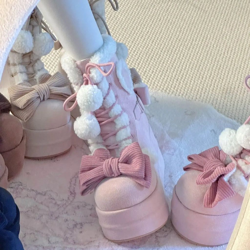 Jirai Kei Fluffy Heart Platform Snow Boots with Pom-Pom Laces Shoptery