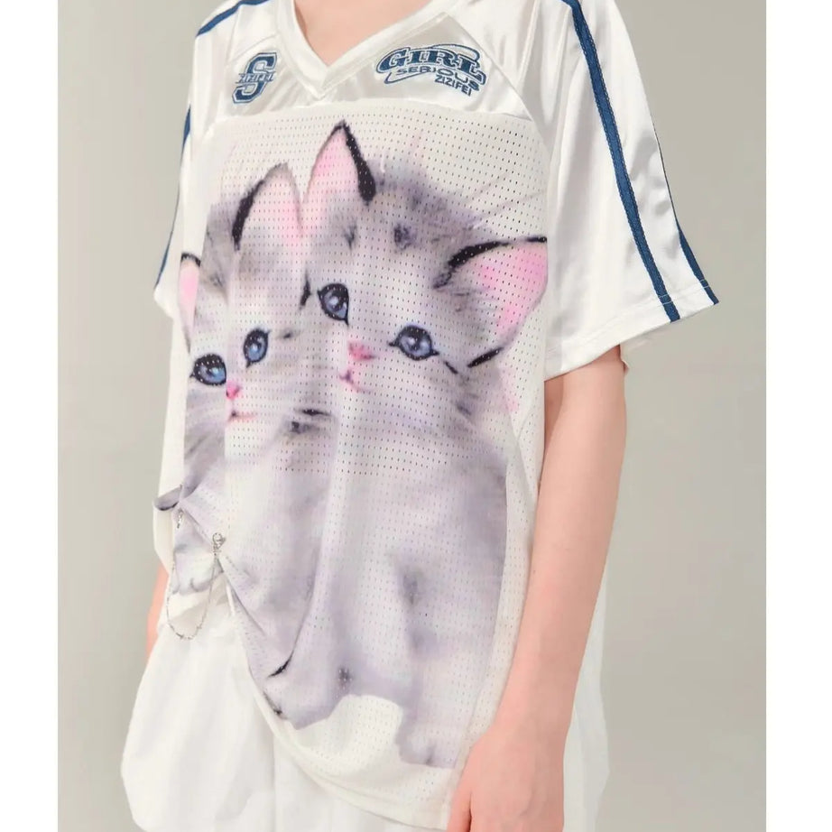 Kitten Graphic Jersey Cute T-Shirt Shoptery