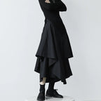 Mori Kei Asymmetric Layered Draped Midi Skirt in Black Shoptery
