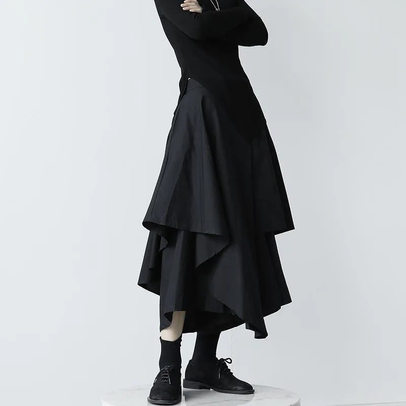 Mori Kei Asymmetric Layered Draped Midi Skirt in Black Shoptery