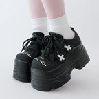Yami Kawaii White Platform Sneakers with Cross Embroidery black Shoptery