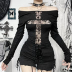 Visual Kei Off-Shoulder Cross Lace Panel Long Sleeve Top Shoptery