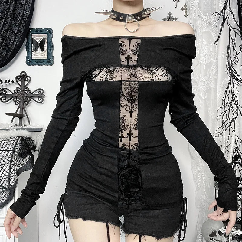 Visual Kei Off-Shoulder Cross Lace Panel Long Sleeve Top Shoptery