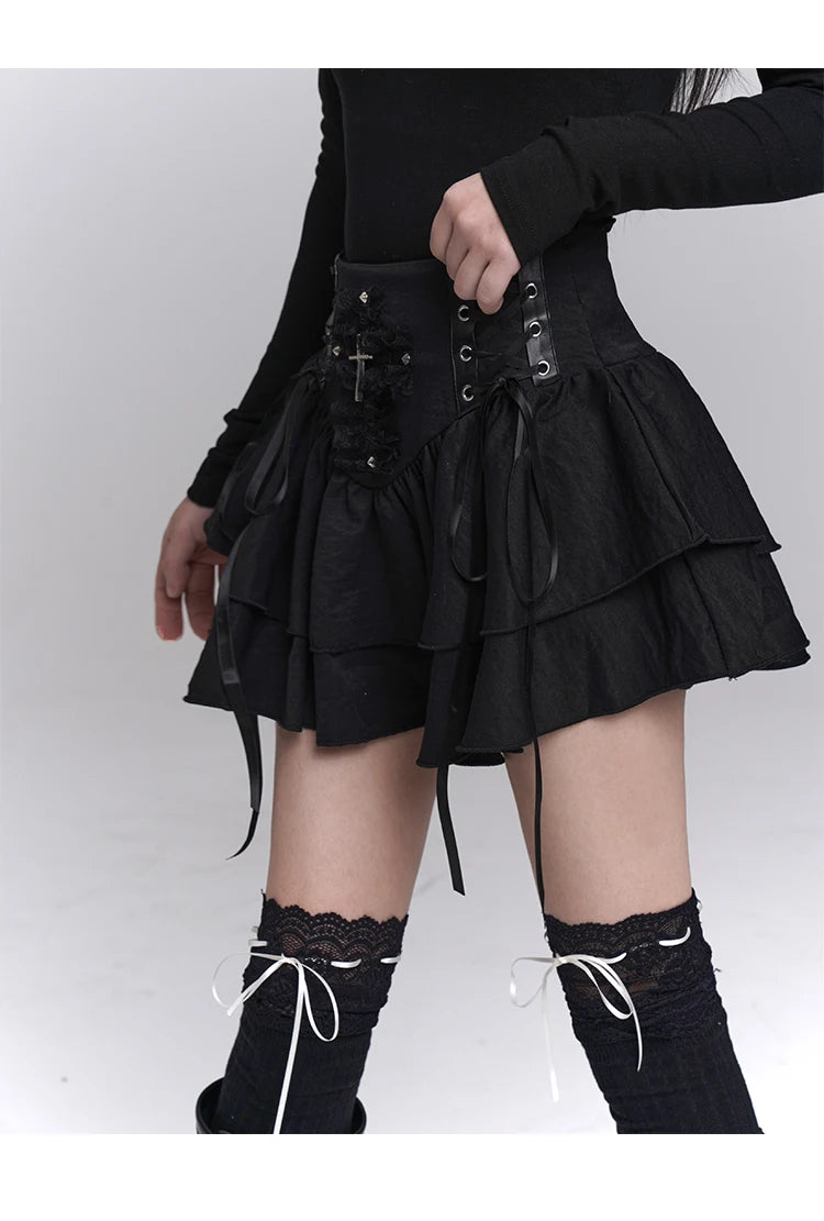 Visual Kei Cross Emblem Lace-Up Layered Ruffle Mini Skirt Shoptery