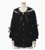 Jirai Kei Black Sailor Collar Heart Button Bow Ribbon Knit Cardigan Black B One Size Shoptery