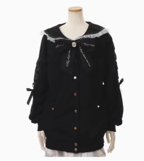 Jirai Kei Black Sailor Collar Heart Button Bow Ribbon Knit Cardigan Black B One Size Shoptery