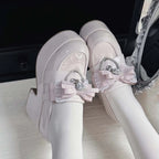 Jirai Kei Patent Lace Bow Platform Loafer Heels in Pink Gray Pink Shoptery