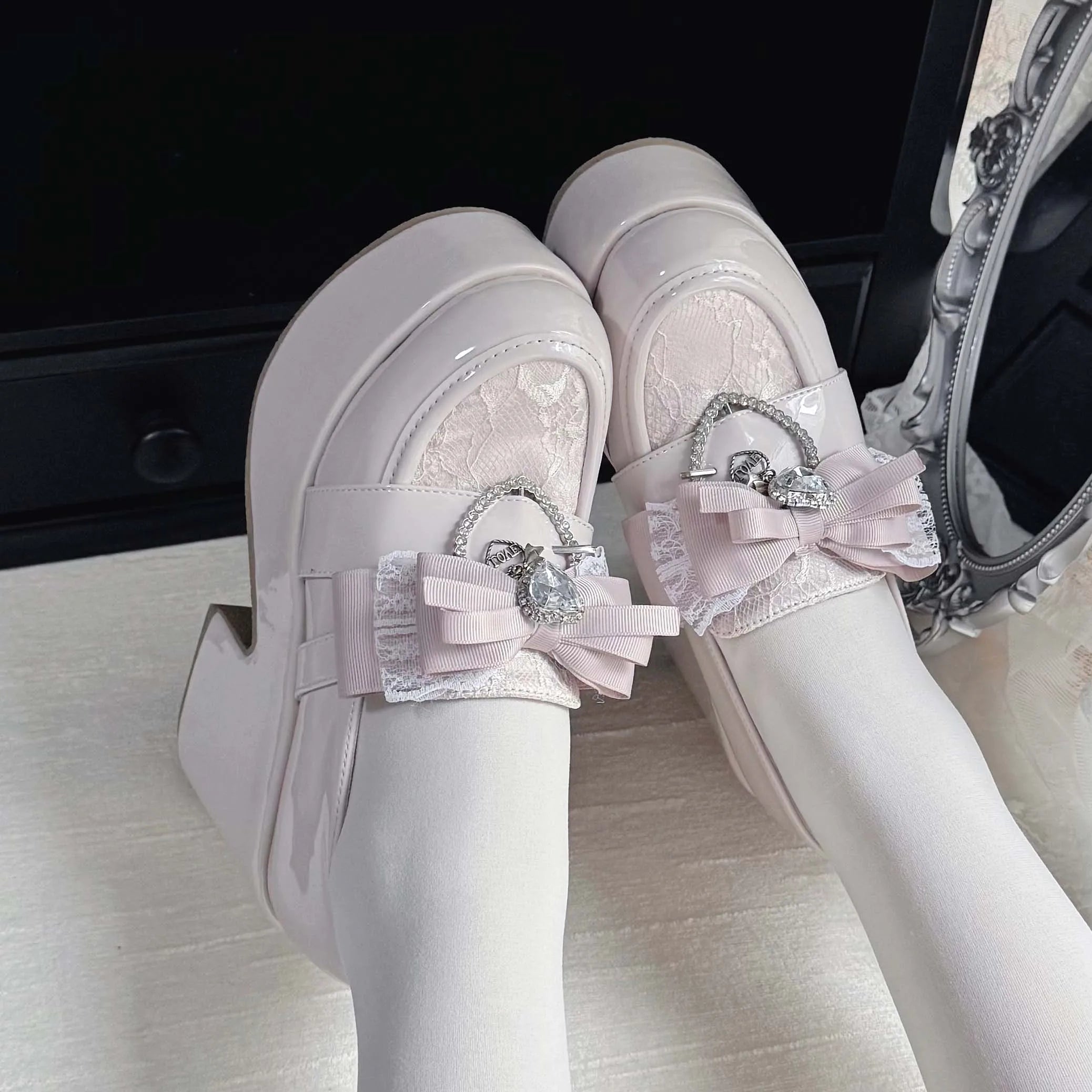 Jirai Kei Patent Lace Bow Platform Loafer Heels in Pink Gray Pink Shoptery