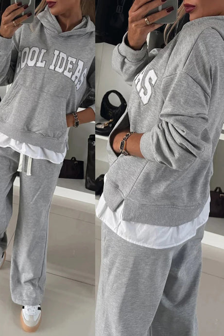 Women's Piece Letter Print Hooded Long Sleeve Straight Pants Set