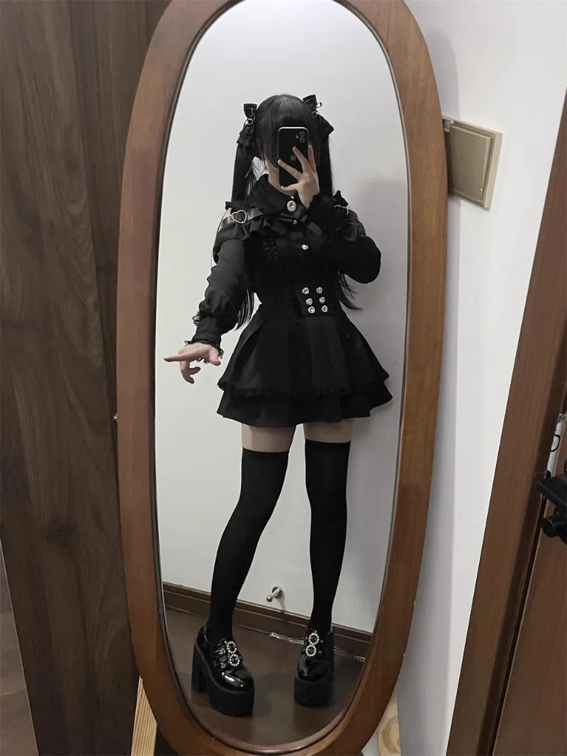 Jirai Kei Red Ruffle Blouse & Black Pleated Skirt Gothic Set Black Blouse Skirt Shoptery
