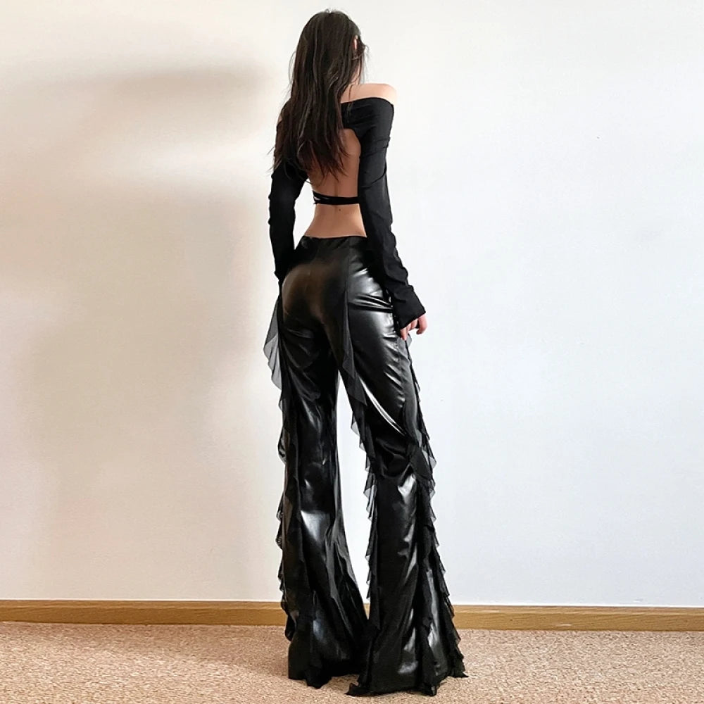 Visual Kei Faux Leather Ruffle Flare Pants & Off-Shoulder Crop Top Set Shoptery