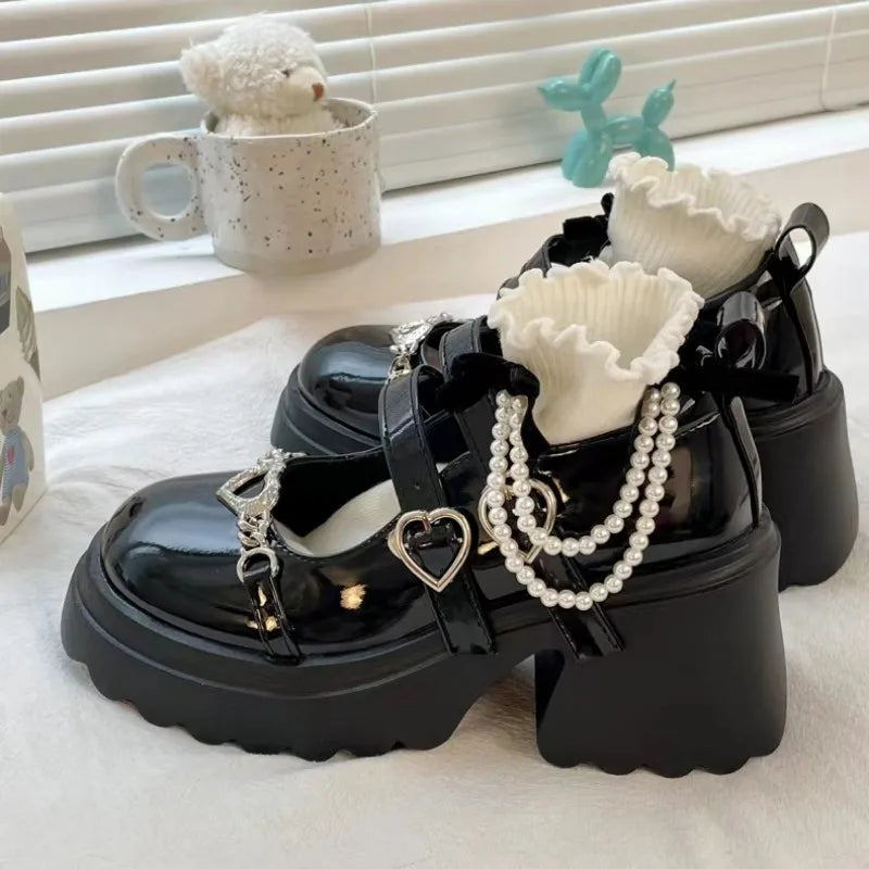 Jirai Kei Pearl Chain Heart Buckle Patent Platform Mary Janes Shoptery