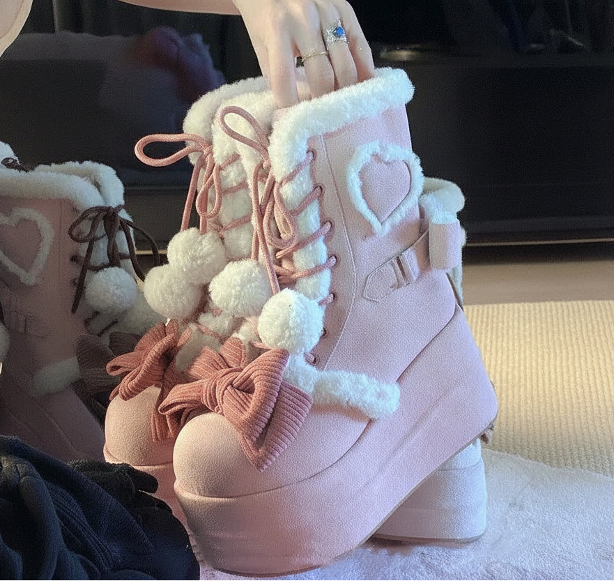 Jirai Kei Plush-Trim Platform Boots with Bow & Pompom Lace-Up pink Shoptery