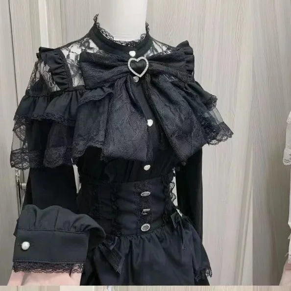 Jirai Kei Black Lace Ruffle Bow Button-Up Blouse 3204 Black Long Shoptery
