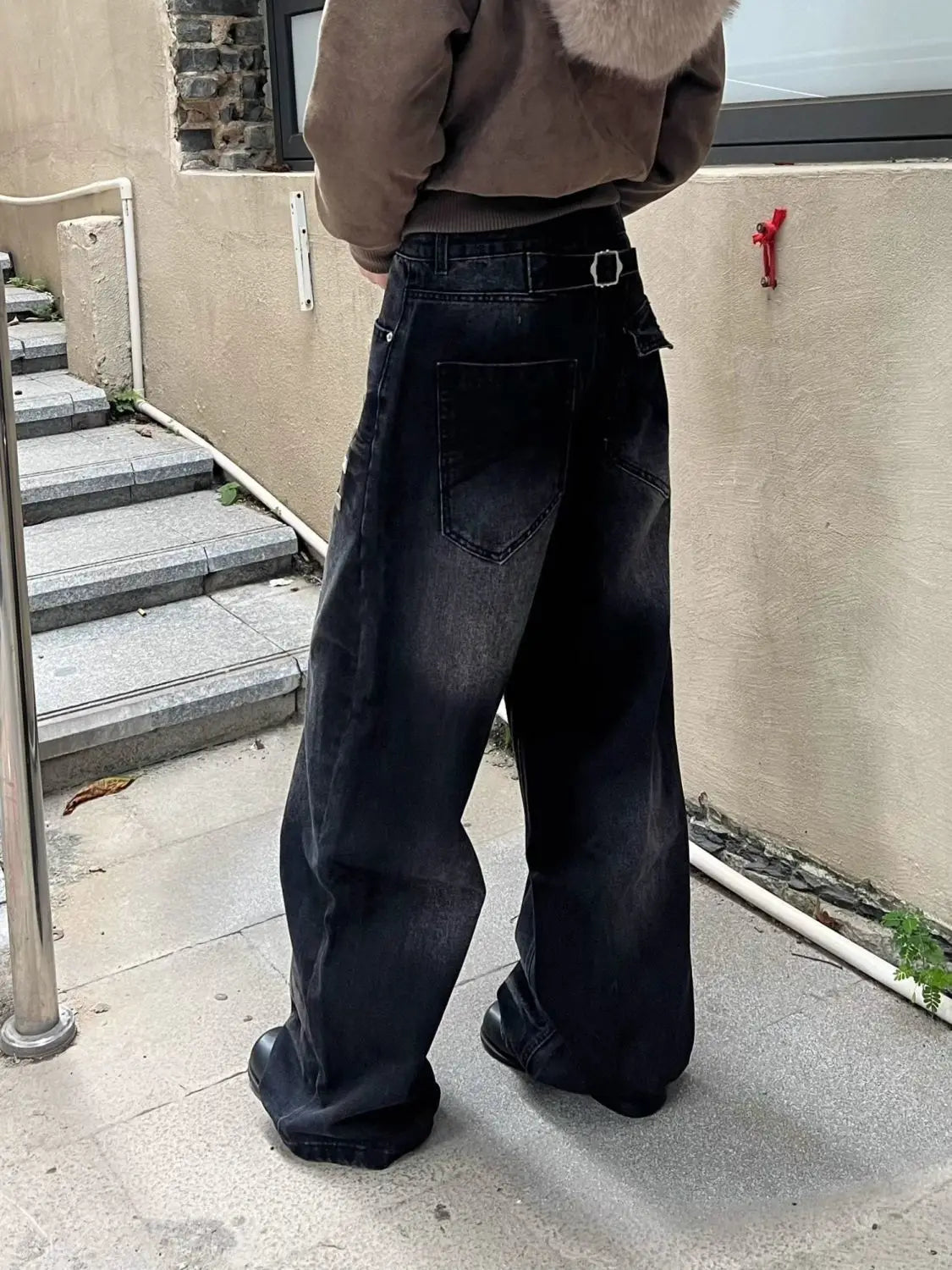 Washed Rivet Detail Wide Leg Jeans Shoptery