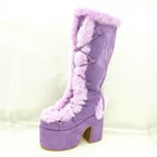 Jirai Kei Faux Fur Lace-Up Knee-High Platform Boots PURPLE Shoptery