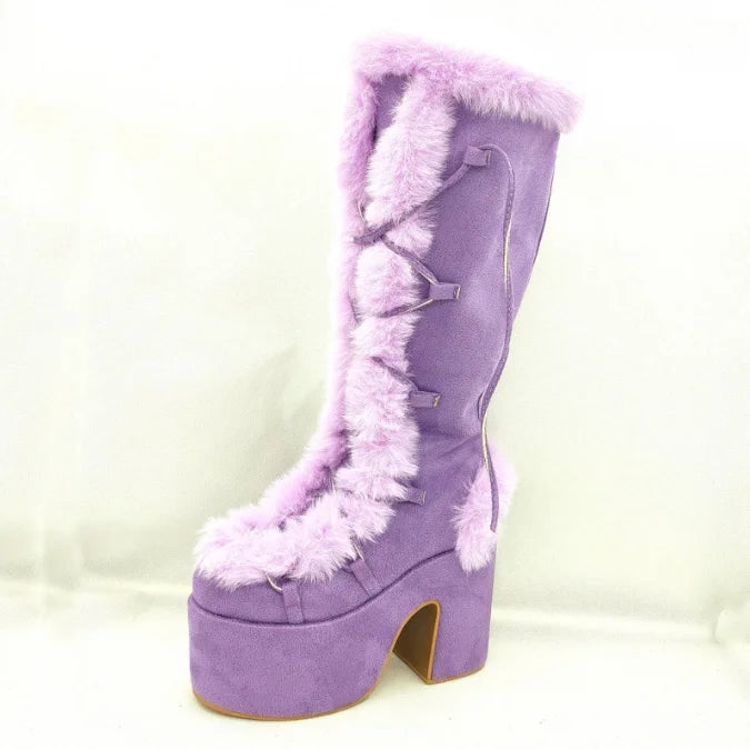 Jirai Kei Faux Fur Lace-Up Knee-High Platform Boots PURPLE Shoptery